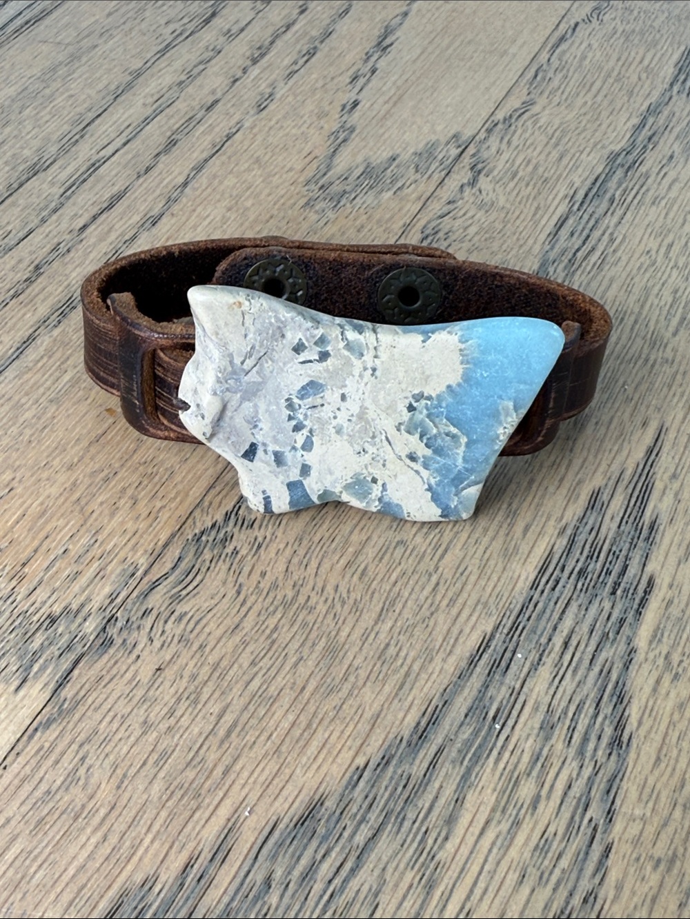Artisan Leather Bracelet with Aqua Blue-Beige Stone Accent